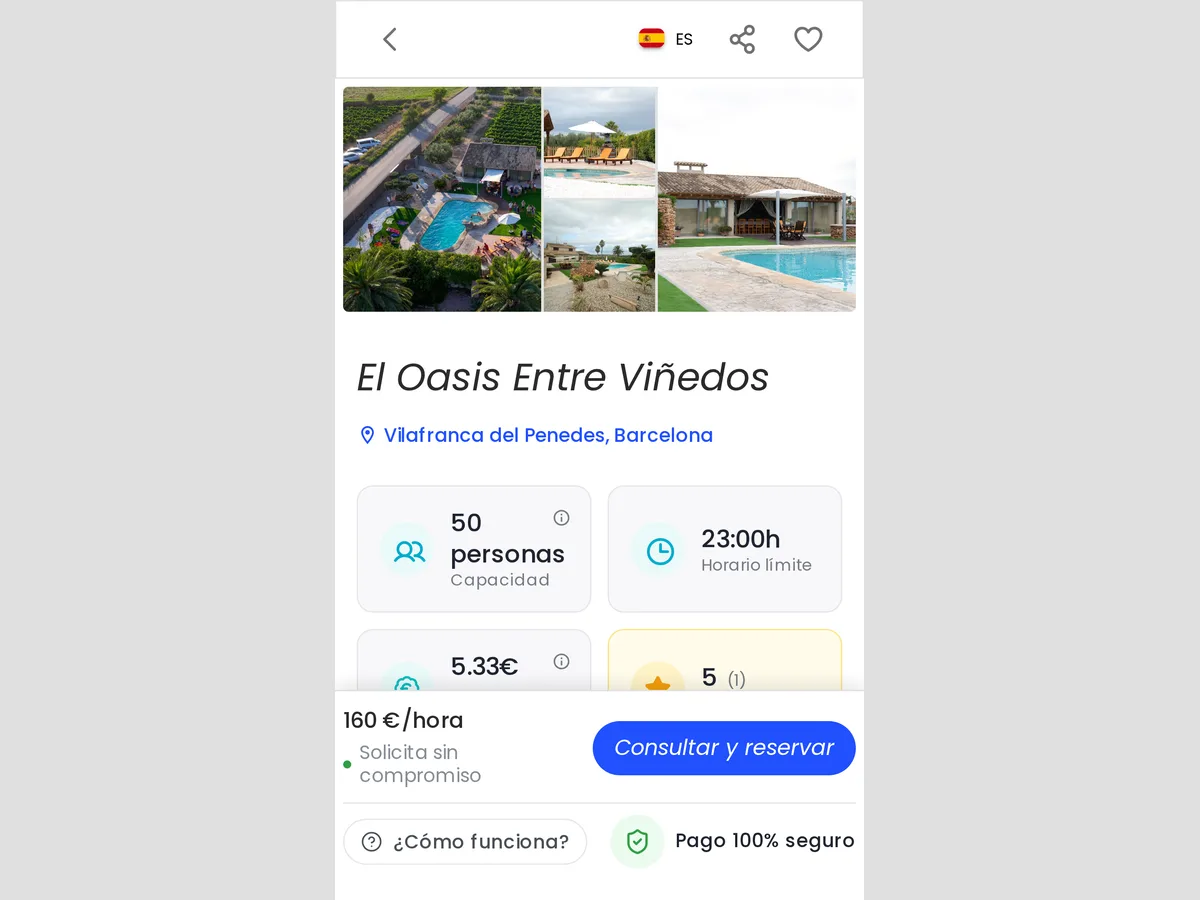 HolaPlace venue page on mobile