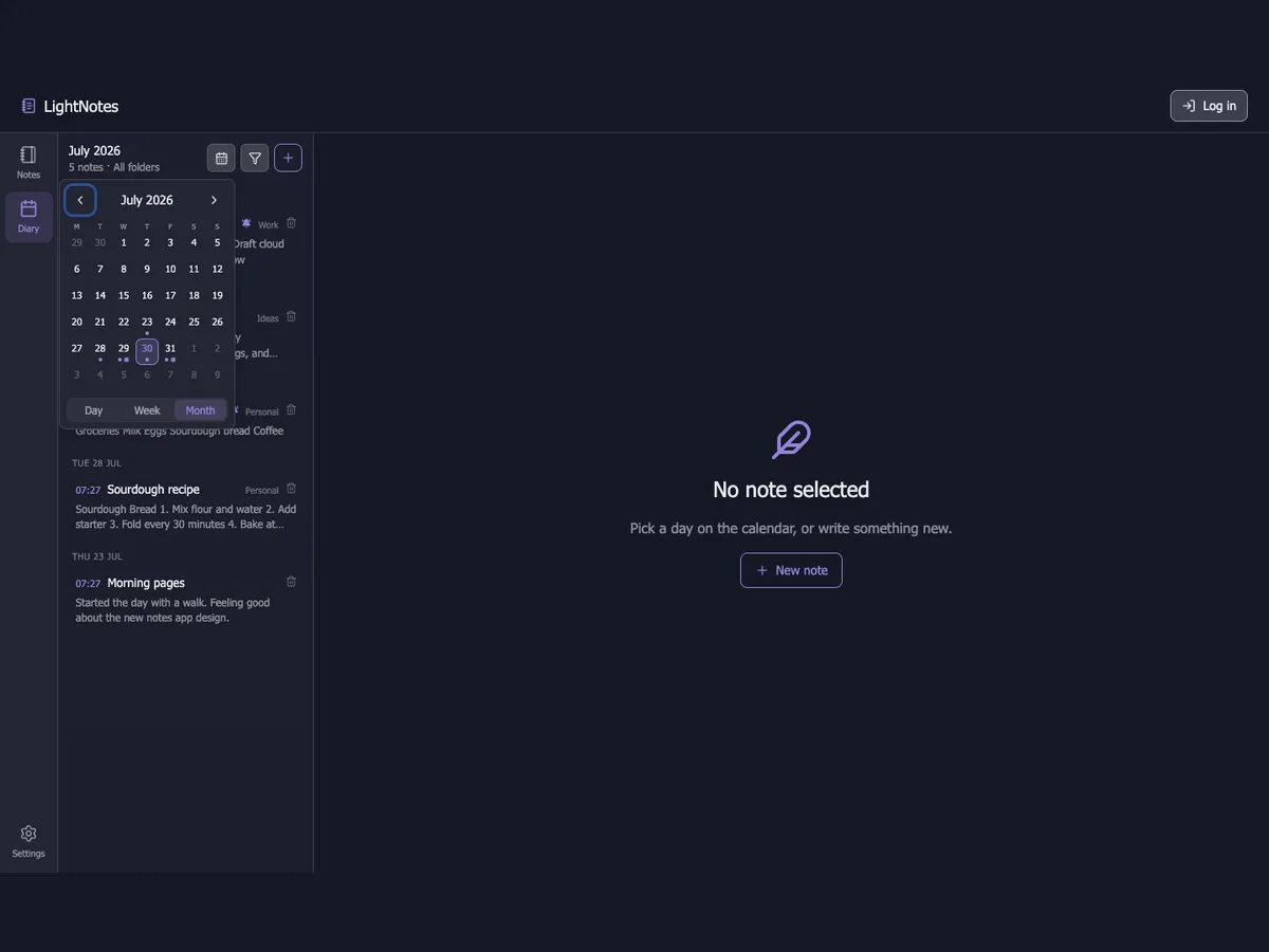 LightNotes diary calendar on desktop