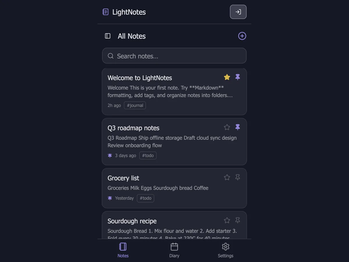 LightNotes notes list on mobile
